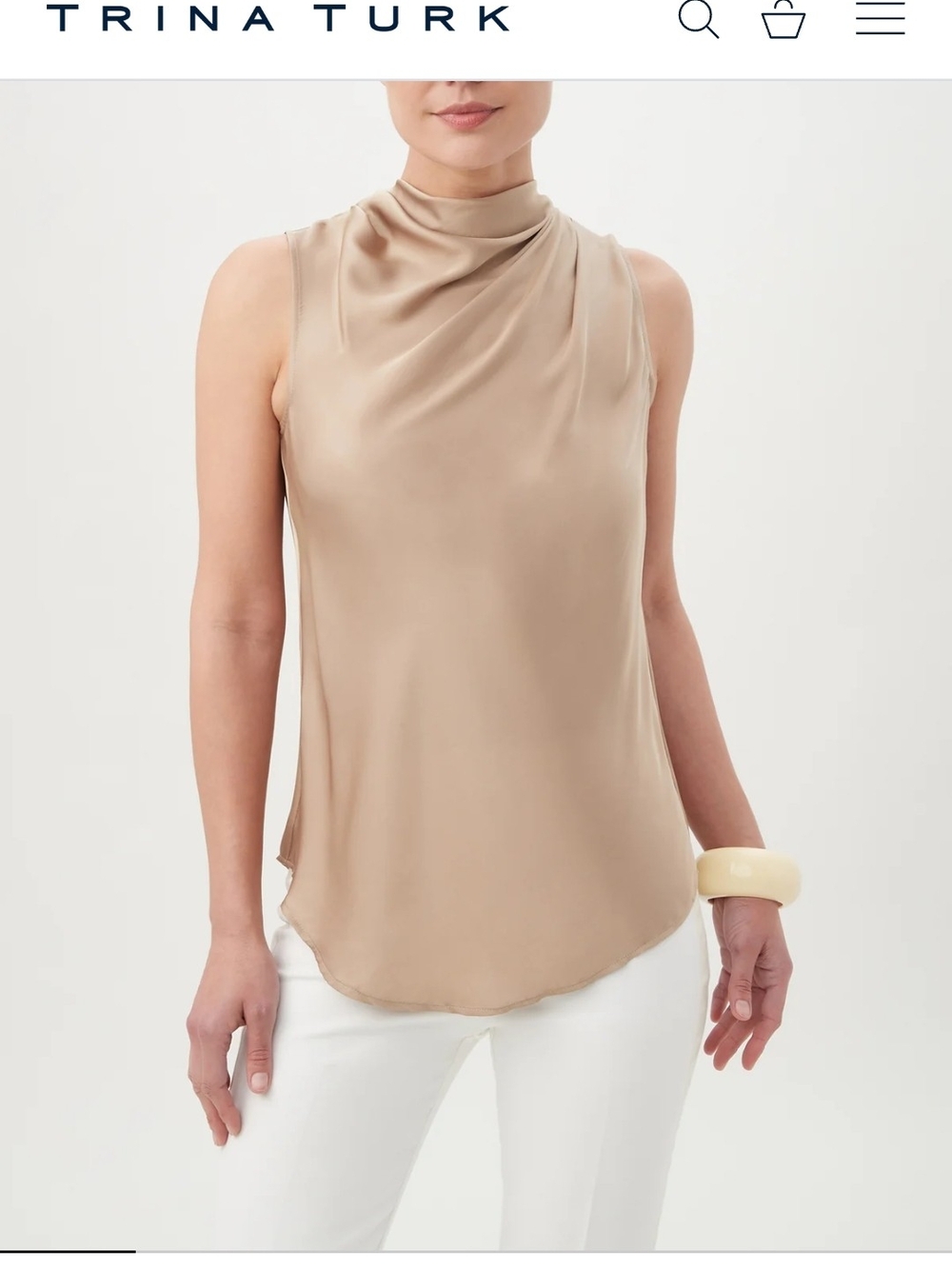 Trina Turk SILK Taupe Draped Mock-Neck Sleeveless Shell